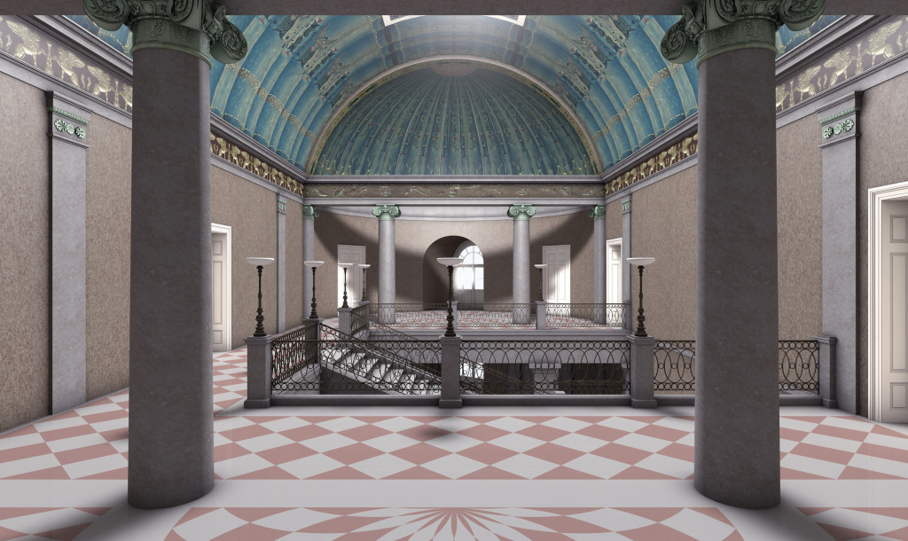 Markgräfliches Palais, Innenraumperspektive Treppenhalle Obergeschoss, Friedrich Weinbrenner,1798–1814; digitale Rekonstruktion: Julian Hanschke, KIT