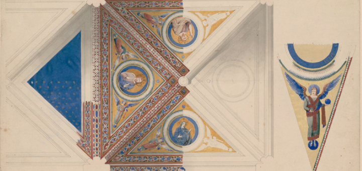 Henri Labrouste, Église supérieure deSaint-François d'Assise : plafond, travée et voussure décorés par Giotto, dessin à la mine de plomb, à la plume et aux lavis de couleur, 1825 © gallica.bnf.fr / Bibliothèque nationale de France